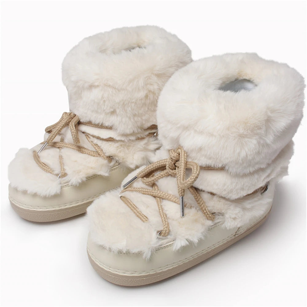2025 Winter Snow Boots Women Boots Brand Design Fluffy Furry Fur Boots Waterproof Platform Non-slip Lace-up Mid-calf Ski Boots