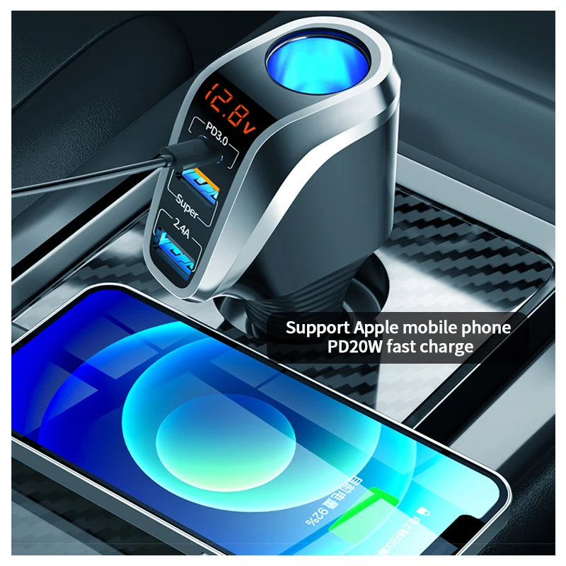 66W Quick Charge Car Cigarette Lighter Charger QC3.0/PD Port Phone Charger Socket DC 12V/24V Universal USB Type Power Adapter