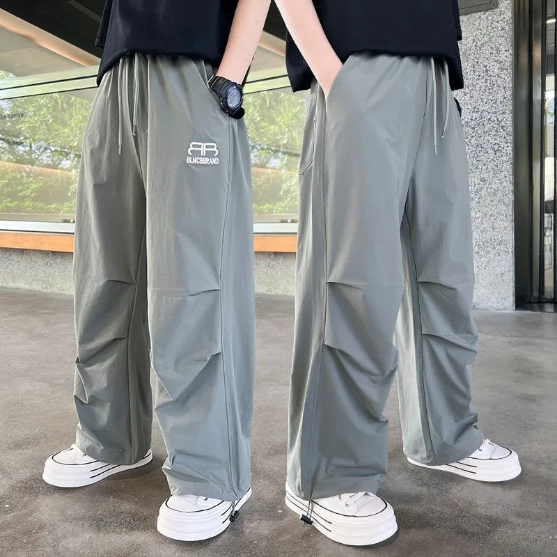Summer Boys Pants High Street Ice Like Fabric Trousers Grey Thin Sports Pants Casual Children's Clothing New Kids Sweatpants