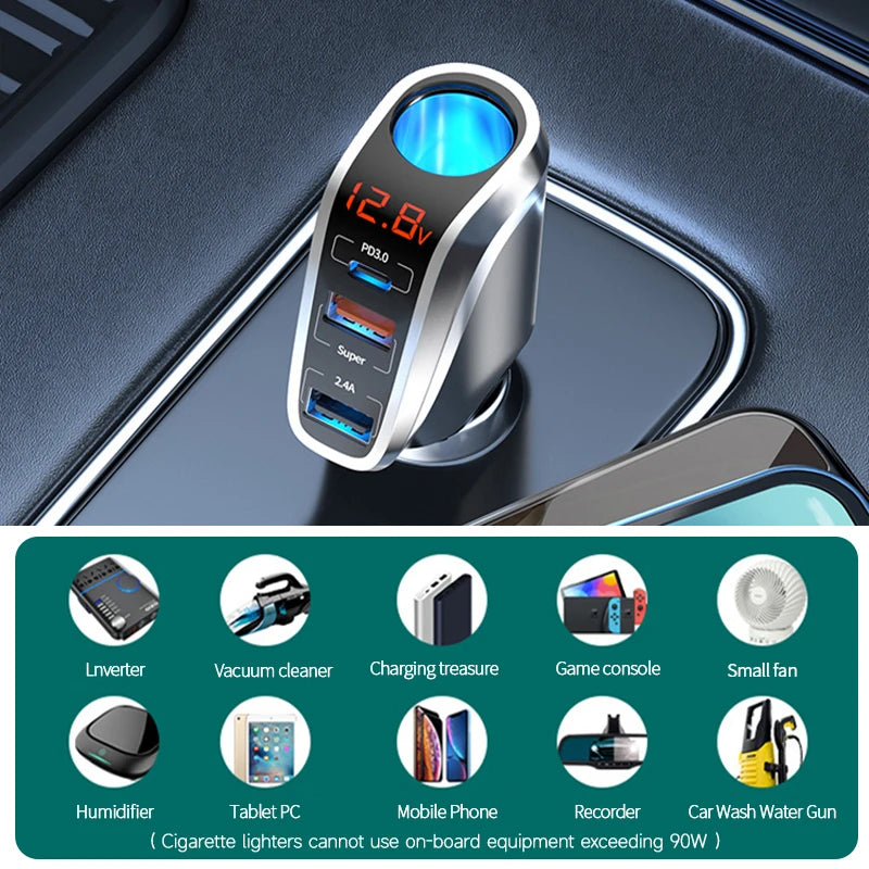 66W Quick Charge Car Cigarette Lighter Charger QC3.0/PD Port Phone Charger Socket DC 12V/24V Universal USB Type Power Adapter