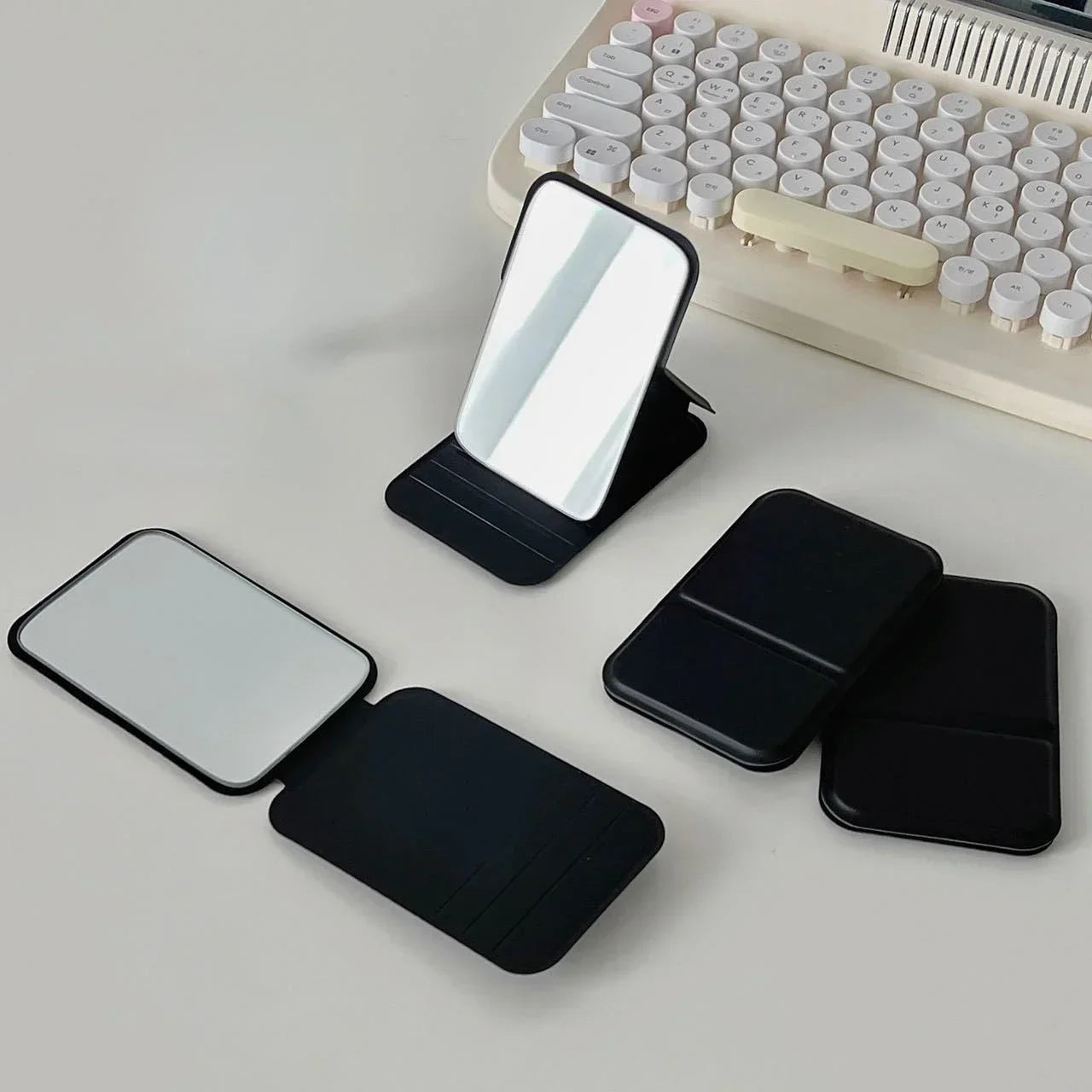 Desktop makeup mirror PU leather simple portable handheld makeup mirror foldable student compact cute pocket mirror
