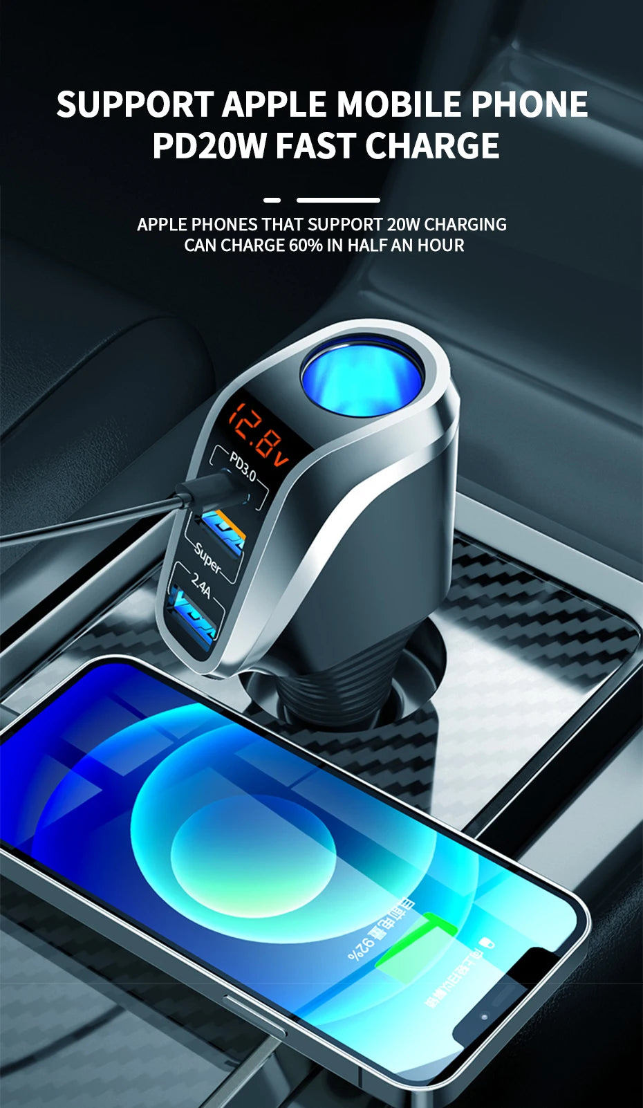66W Quick Charge Car Cigarette Lighter Charger QC3.0/PD Port Phone Charger Socket DC 12V/24V Universal USB Type Power Adapter