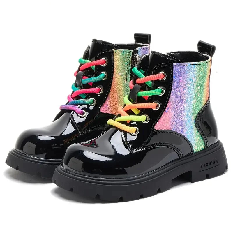 Autumn Winter High-Top Lace-Up Kids Martin Boots for Girls Boys Fashion Leather Boots Soft Bottom Non-slip Children Hiking Shoes