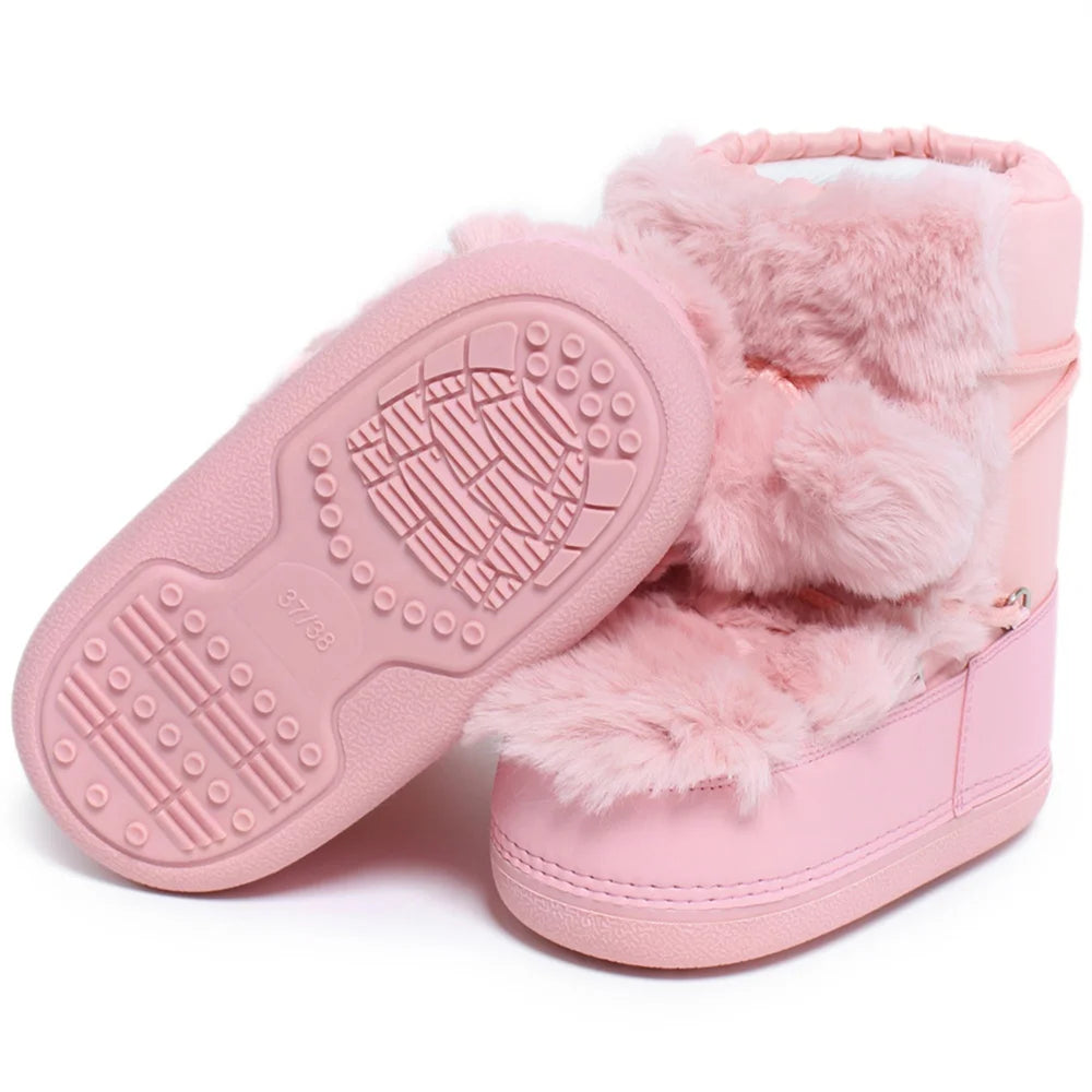 2025 Winter Snow Boots Women Boots Brand Design Fluffy Furry Fur Boots Waterproof Platform Non-slip Lace-up Mid-calf Ski Boots