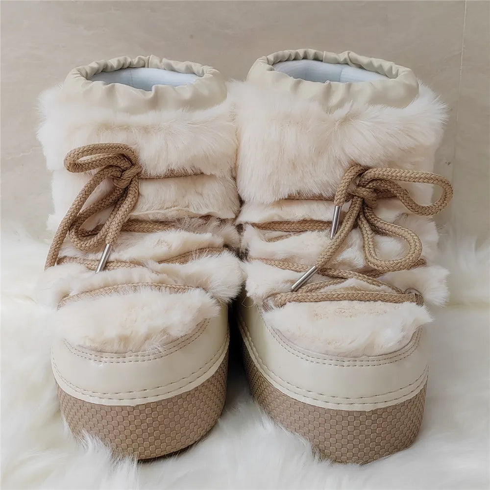 Women Platform Boots 2025 Winter Ski Boots Woman Non-slip PU Leather Waterproof Snow Boots Black Sponge Cotton Lined Ankle Boots