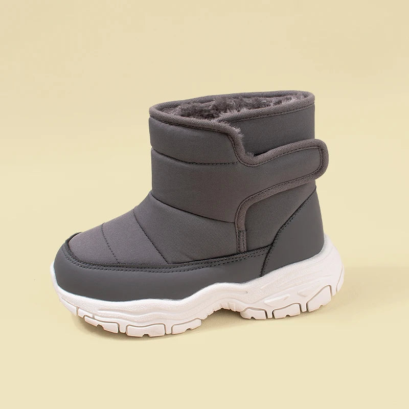 Winter New Waterproof Fabric Big Kids Fleece Snow Boots Children Warm Chunky Sole Casual Plush Boots EKF75