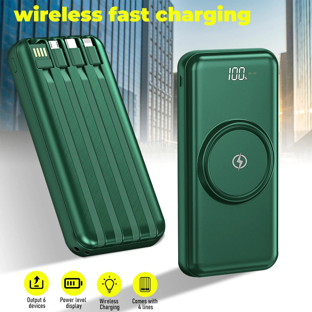 20000mAh Wireless Power Bank Fast Charging Built-in Quad Power Cable Mobile Phone Charger For Iphone 13 14 15 Xiaomi Samsung