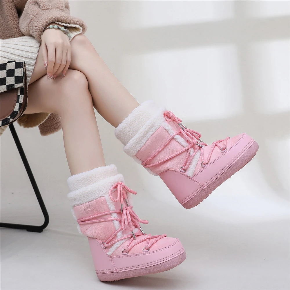 2025 Winter Snow Boots Women Boots Brand Design Fluffy Furry Fur Boots Waterproof Platform Non-slip Lace-up Mid-calf Ski Boots