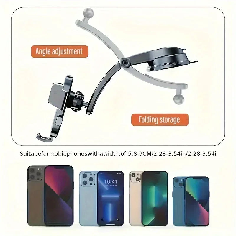 Adjustable Car Phone Mount with ABS Frame & Strong Suction Base - 360° Swivel Dashboard Cradle, Anti-Shake/Slip Design