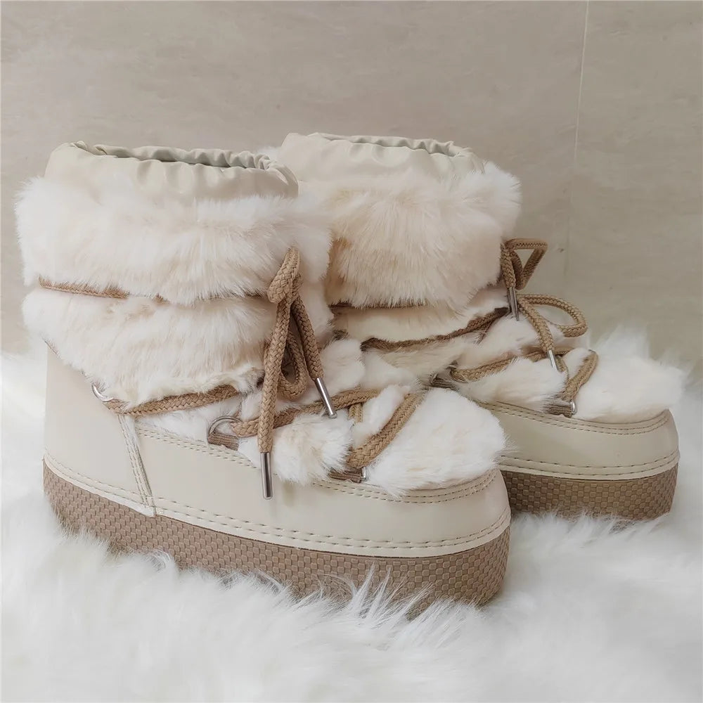 Women Platform Boots 2025 Winter Ski Boots Woman Non-slip PU Leather Waterproof Snow Boots Black Sponge Cotton Lined Ankle Boots