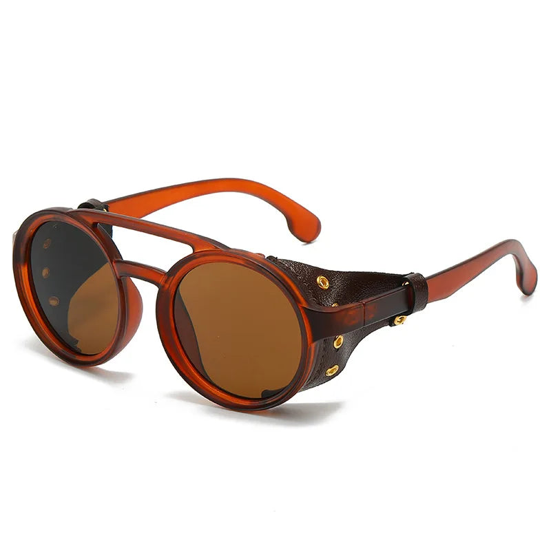 Retro Round Sunglasses Men Women - Vintage Leather UV400 Anti-Wind Outdoor Sports Goggles