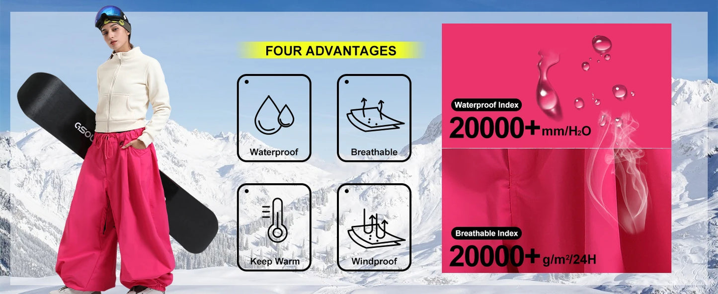 GSOU SNOW Super Baggy Snow Pants Men Winter Ski Trousers Plus Size Women Snowboard Clothes Outdoor Sports Breathable Winterproof