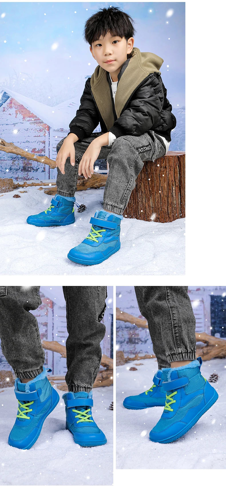 Winter Kids Wide Toe Barefoot Shoes Waterproof Snow Boots Outdoor Girls' Boy Comfortable and Warm Fur Snow Hiking Boot Warm Boot