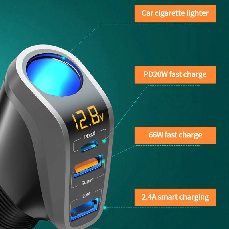 66W Quick Charge Car Cigarette Lighter Charger QC3.0/PD Port Phone Charger Socket DC 12V/24V Universal USB Type Power Adapter