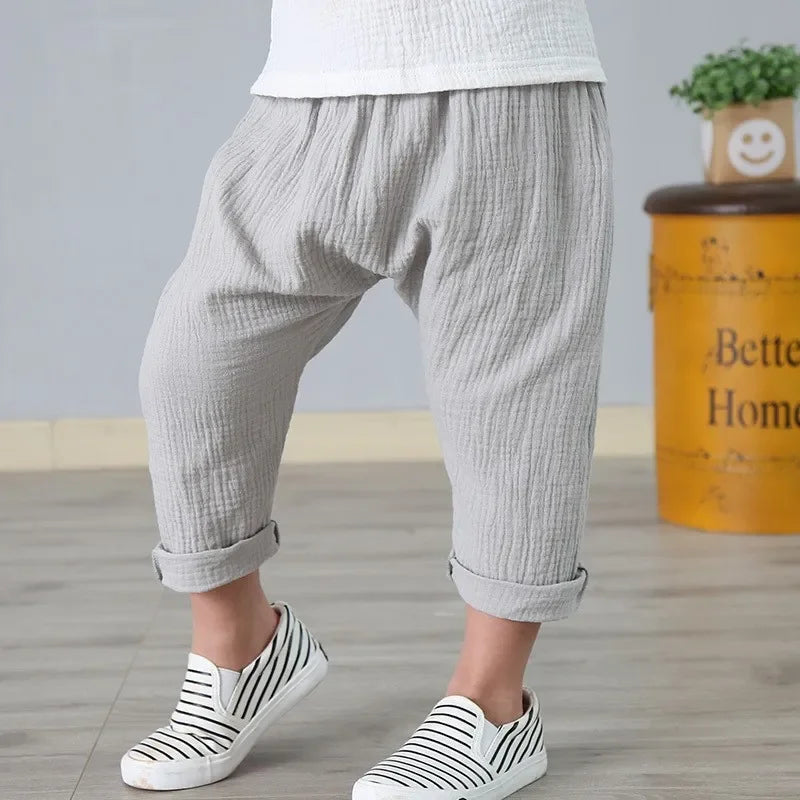 Kids Pants Boy Girl Summer Solid Color Linen Pleated Trousers Children Ankle-length Pants for Baby Casual Harem Pants