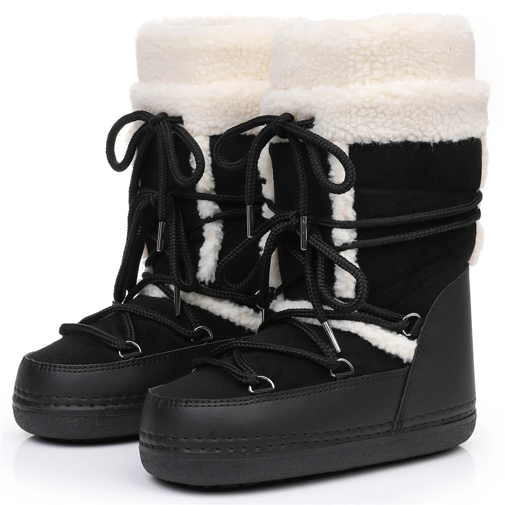 2025 Winter Snow Boots Women Boots Brand Design Fluffy Furry Fur Boots Waterproof Platform Non-slip Lace-up Mid-calf Ski Boots