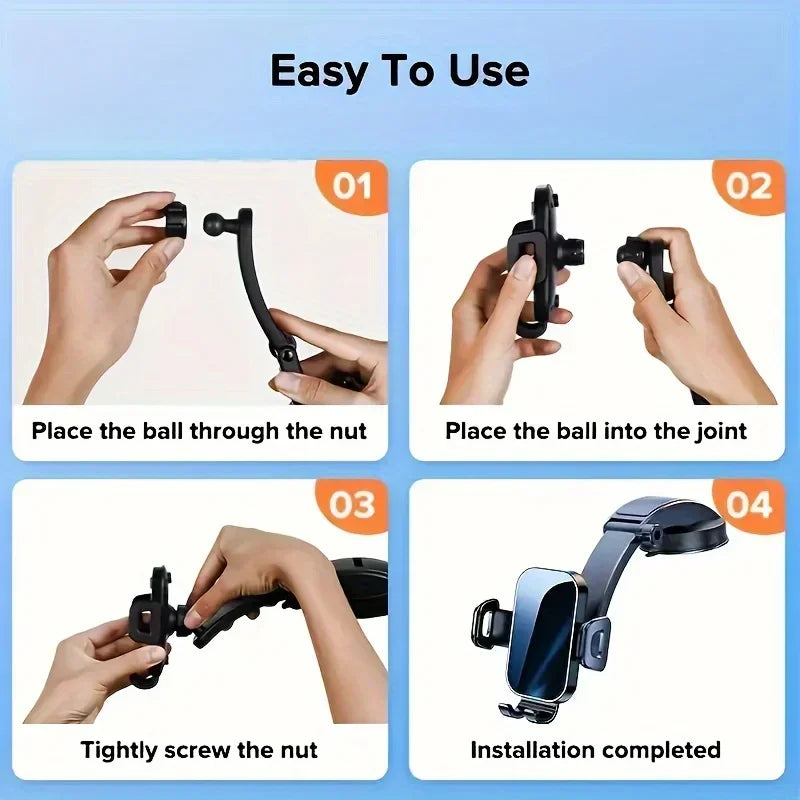 Adjustable Car Phone Mount with ABS Frame & Strong Suction Base - 360° Swivel Dashboard Cradle, Anti-Shake/Slip Design