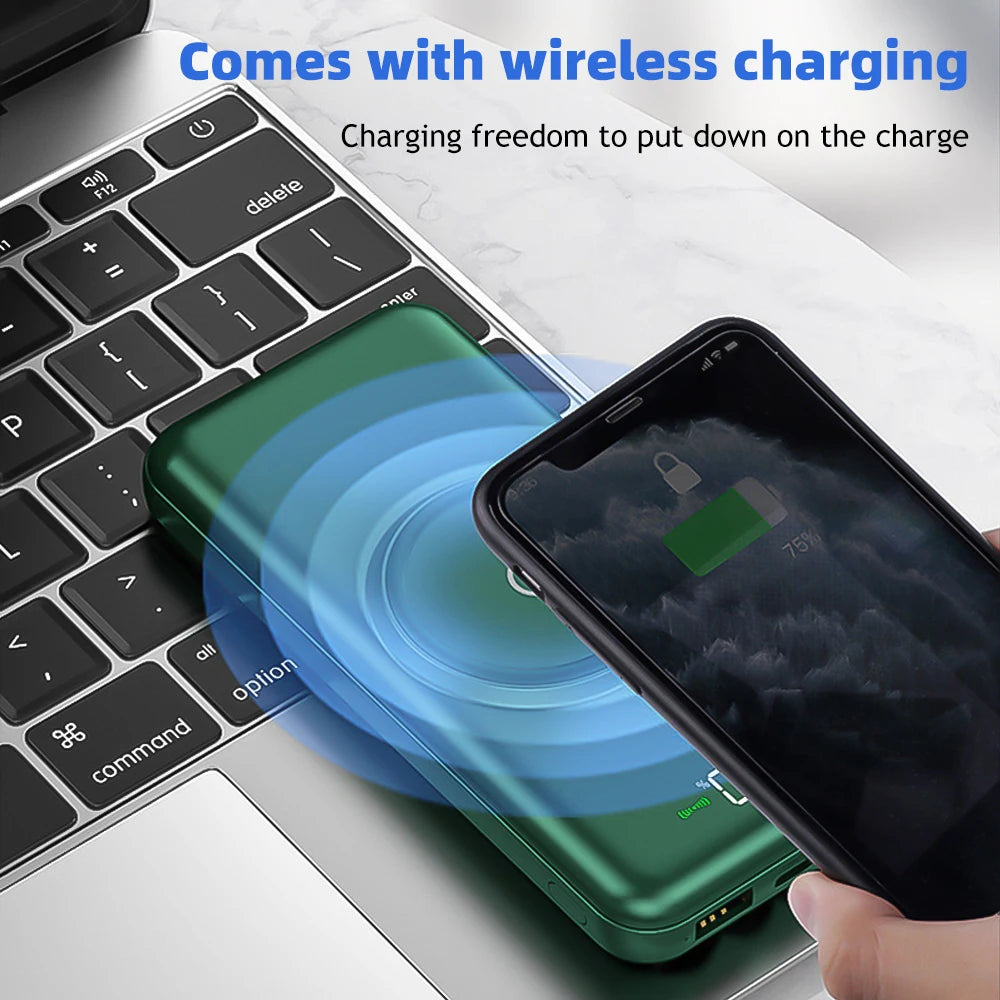 20000mAh Wireless Power Bank Fast Charging Built-in Quad Power Cable Mobile Phone Charger For Iphone 13 14 15 Xiaomi Samsung