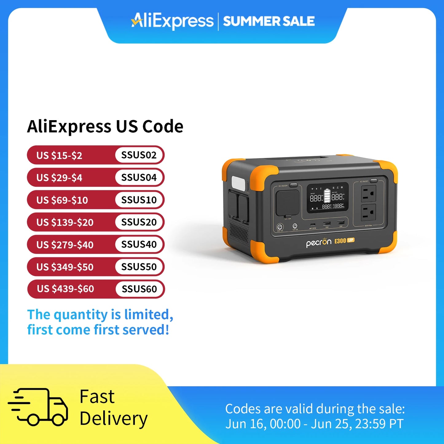 Pecron E300LFP Portable Power Station 600W 288Wh LiFePO4 Battery Solar Generator Power Bank Fast Charging for Home , RV, Camping