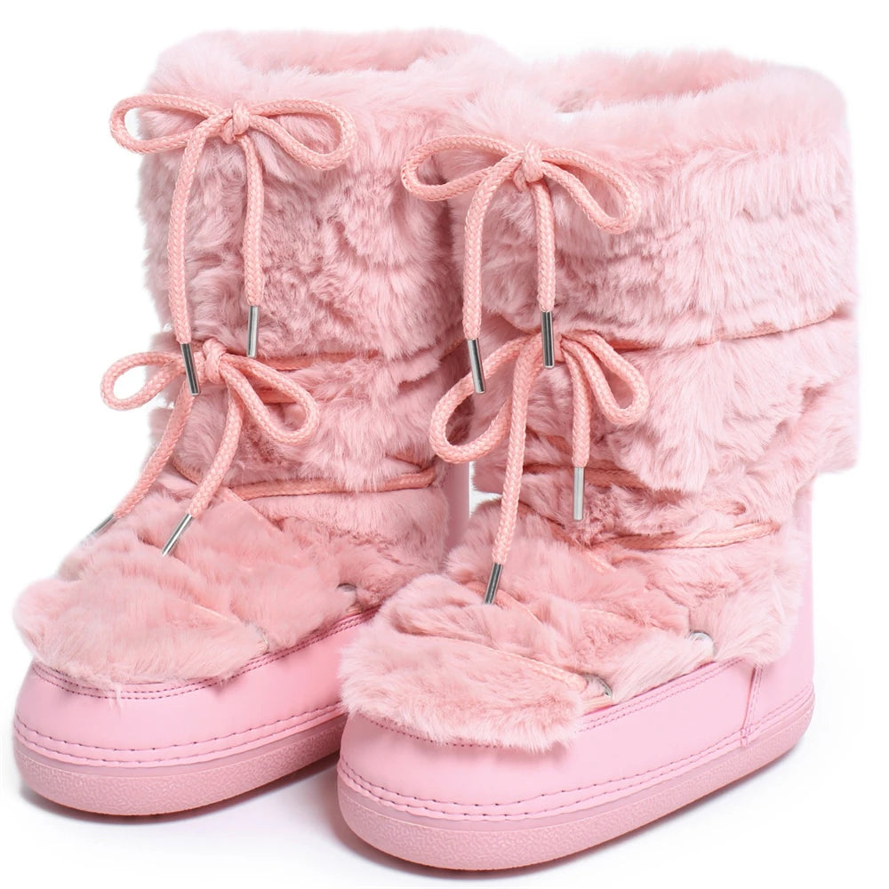 2025 Winter Snow Boots Women Ski Boots Luxury Fluffy Furry Fur Boots Female Rivets Warm Waterproof Platform Black Cotton Boots