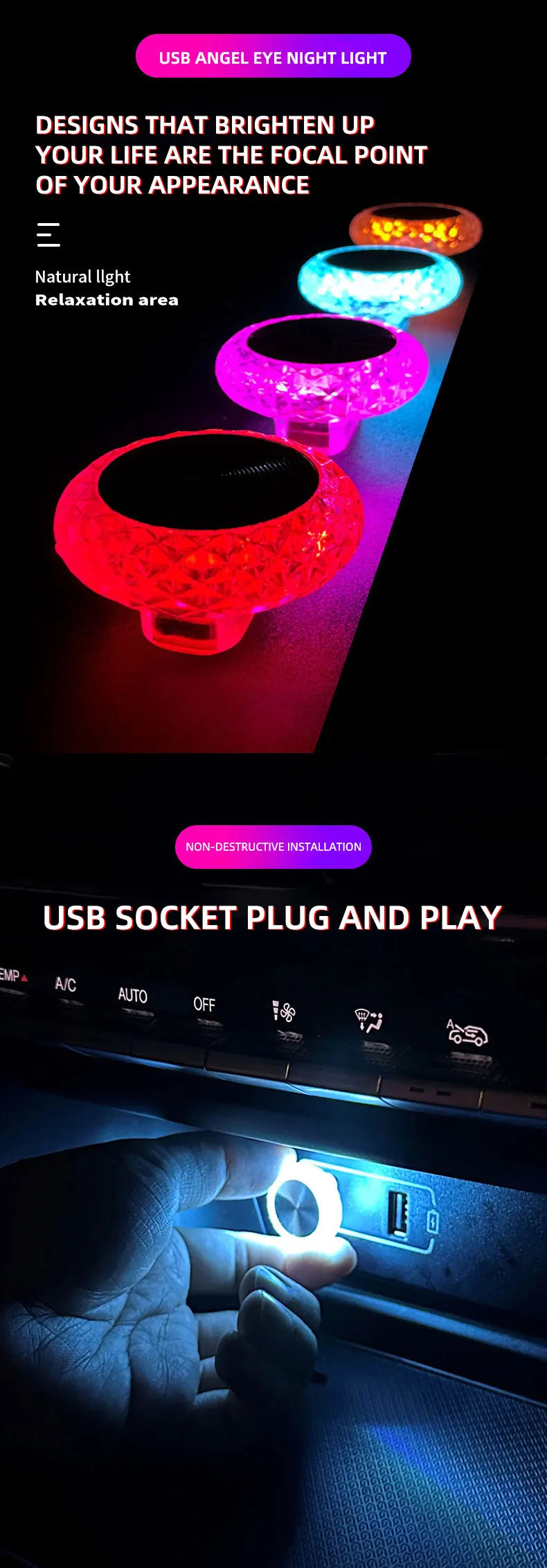 1pc Colorful Portable USB Mini LED Ambient Light for Car Interior Computer Atmosphere Lamp Plug and Play Night Light