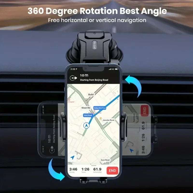 Adjustable Car Phone Mount with ABS Frame & Strong Suction Base - 360° Swivel Dashboard Cradle, Anti-Shake/Slip Design
