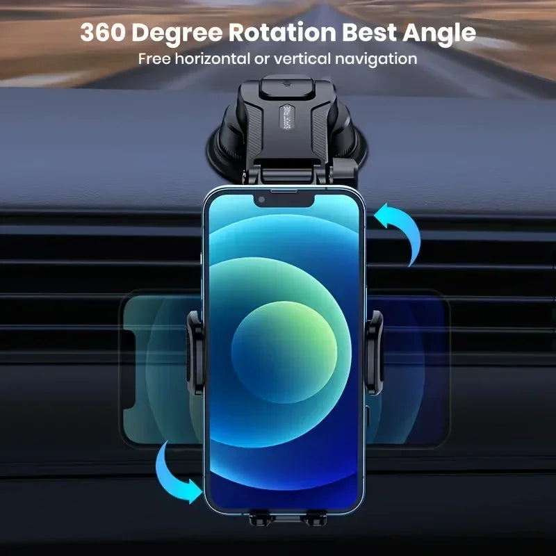 Adjustable Car Phone Mount with ABS Frame & Strong Suction Base - 360° Swivel Dashboard Cradle, Anti-Shake/Slip Design