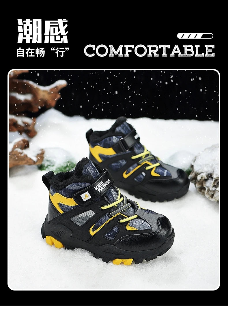 Winter Fur Hiking Shoes Kids Non-slip Claw Sports Shoes Outdoor Warm Velvet Snow Boots Children High Top Platform Sneakers Boys