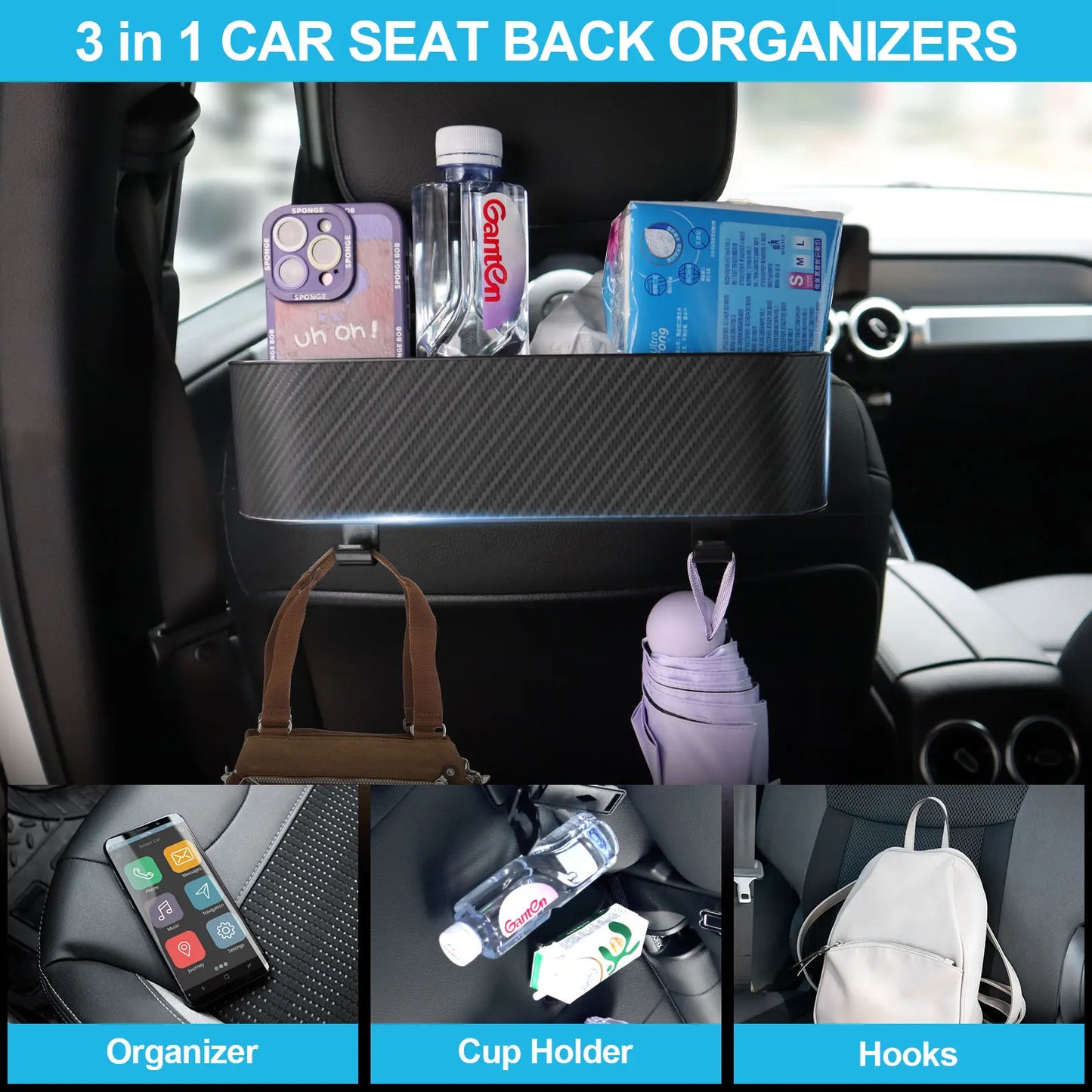 Universal 3 in 1 Car Headrest Backseat Organizer Cup Holder Seat Back Organizer with Headrest Hooks Hanging Storage Car Travel