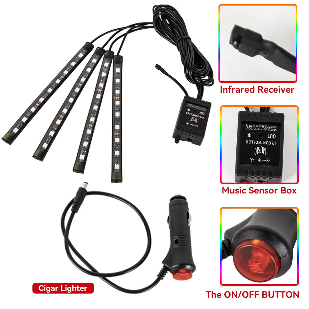 RGB Automotive Atmosphere Decorative Lamp Led Interior Light Strip Car Foot Ambient Lights with USB Cigarette with Remote Voice