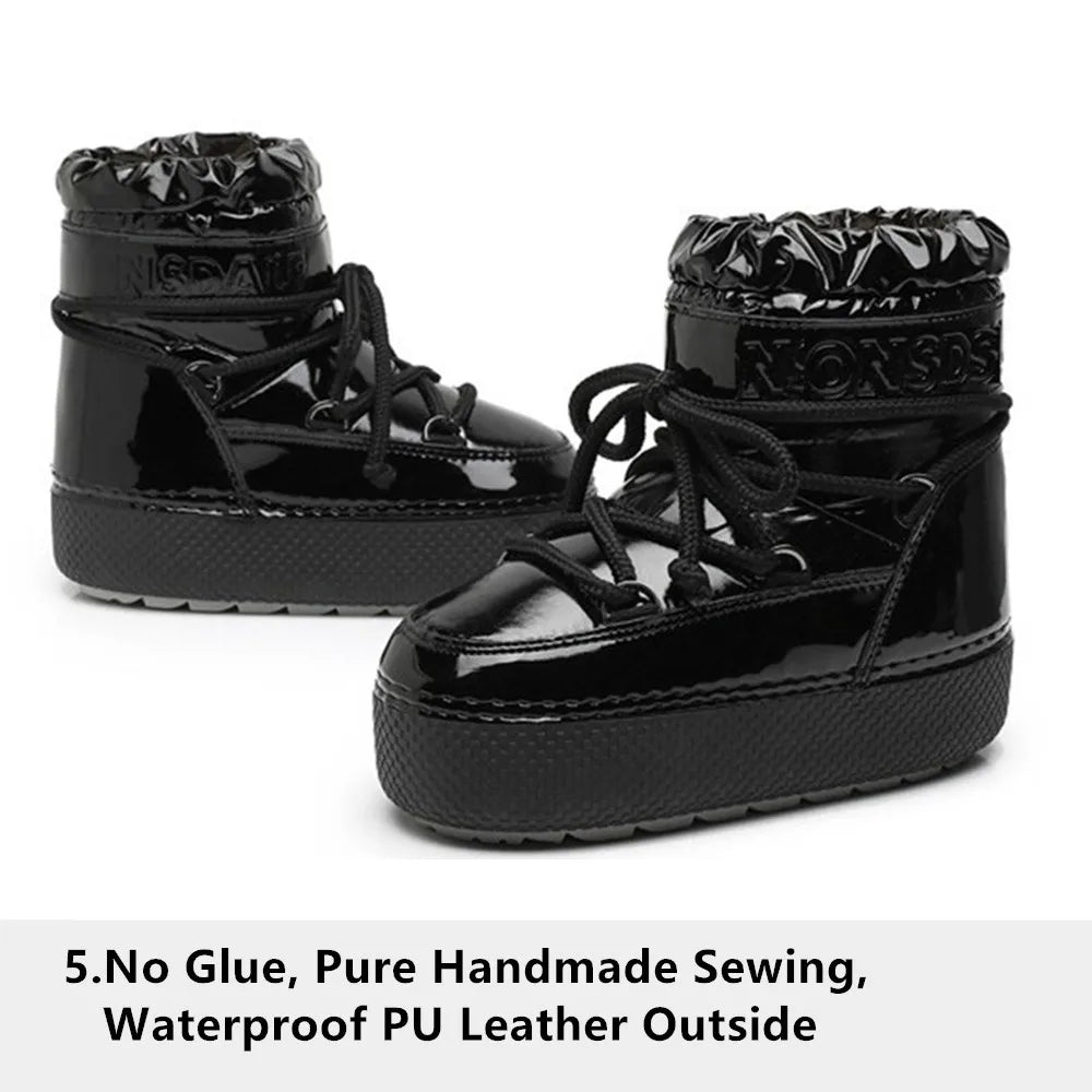 Women Platform Boots 2025 Winter Ski Boots Woman Non-slip PU Leather Waterproof Snow Boots Black Sponge Cotton Lined Ankle Boots