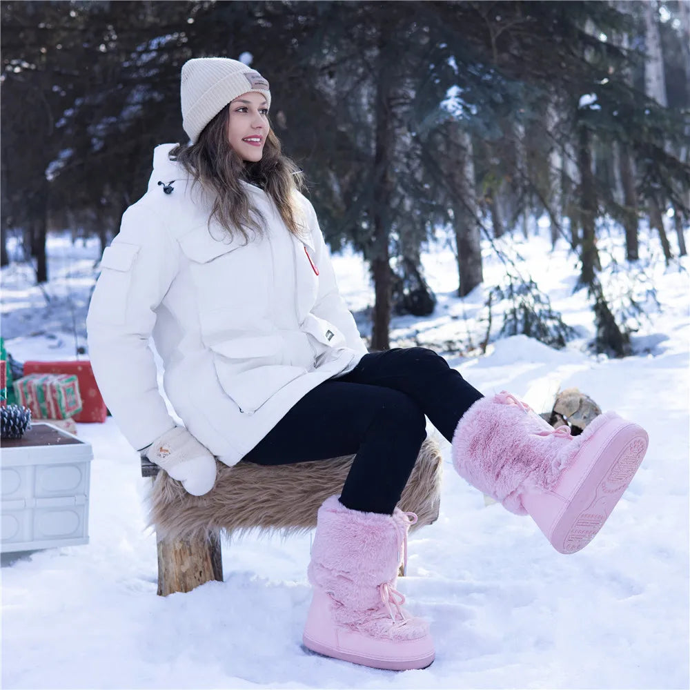 2025 Winter Boots for Women Snow Boots Brand Fluffy Furry Fur Lace Up Black Pink Platform Non-Slip Waterproof Ski Boots