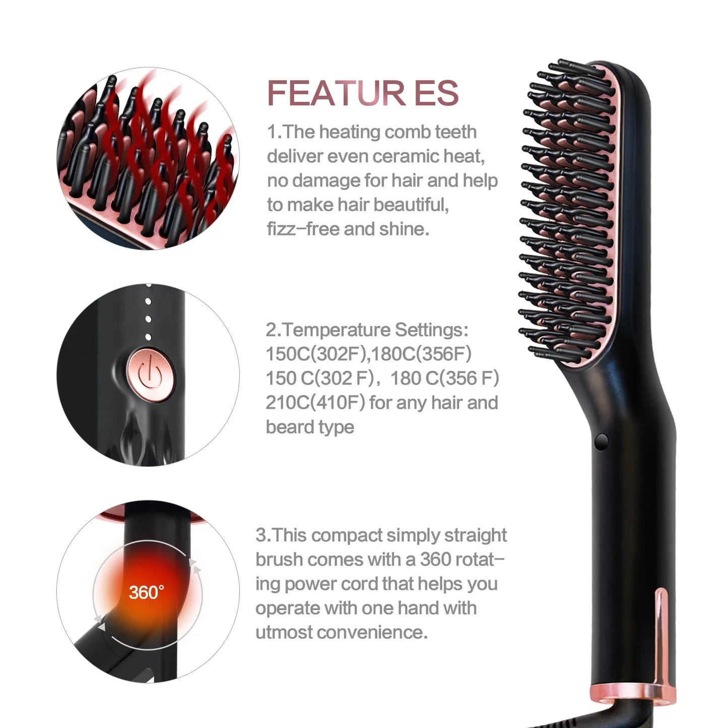 Men's Electric Beard Straightener Negative Ion Hair Straightening Brush Hair Straightener Wet & Dry Quick Styler