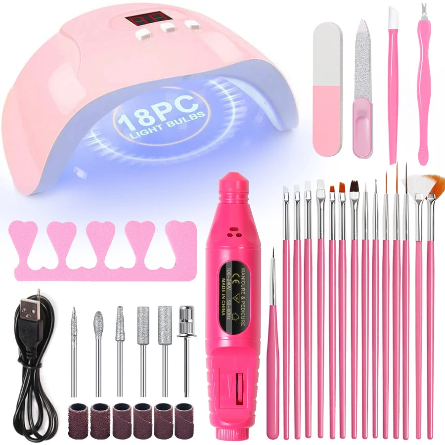 LINMANDA Nail Art Kit with 54W UV 18Pcs Lamp Glue Dryer Polisher Dead Skin Remover Finger Separator Manicure Pedicure Home Use