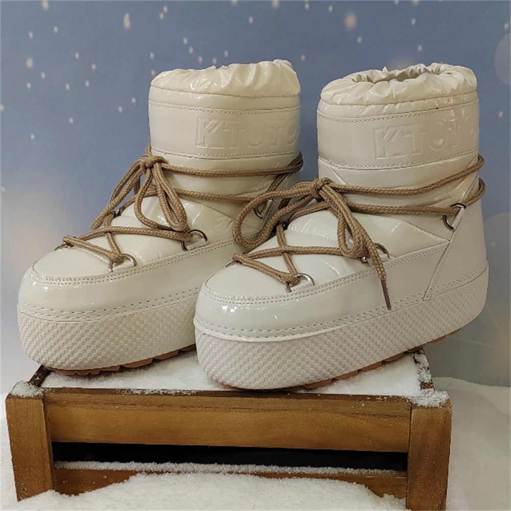 Women Platform Boots 2025 Winter Ski Boots Woman Non-slip PU Leather Waterproof Snow Boots Black Sponge Cotton Lined Ankle Boots