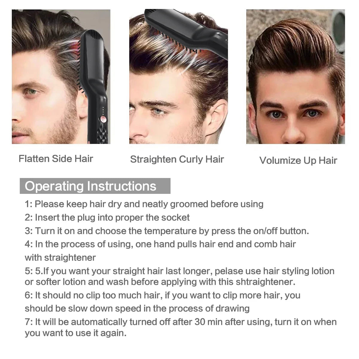 Men's Electric Beard Straightener Negative Ion Hair Straightening Brush Hair Straightener Wet & Dry Quick Styler