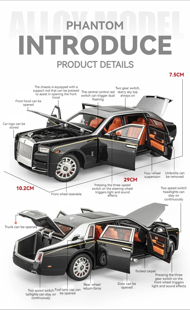 1:18 Rolls-Royce Phantom Model Car, Zinc Alloy Pull Back Toy Diecast Car with Sound and Light, Realistic Modeling Model Toy111