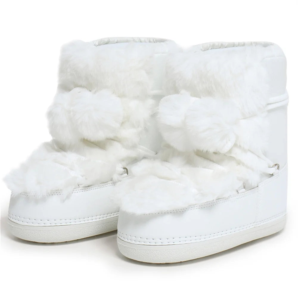 2025 Winter Snow Boots Women Boots Brand Design Fluffy Furry Fur Boots Waterproof Platform Non-slip Lace-up Mid-calf Ski Boots