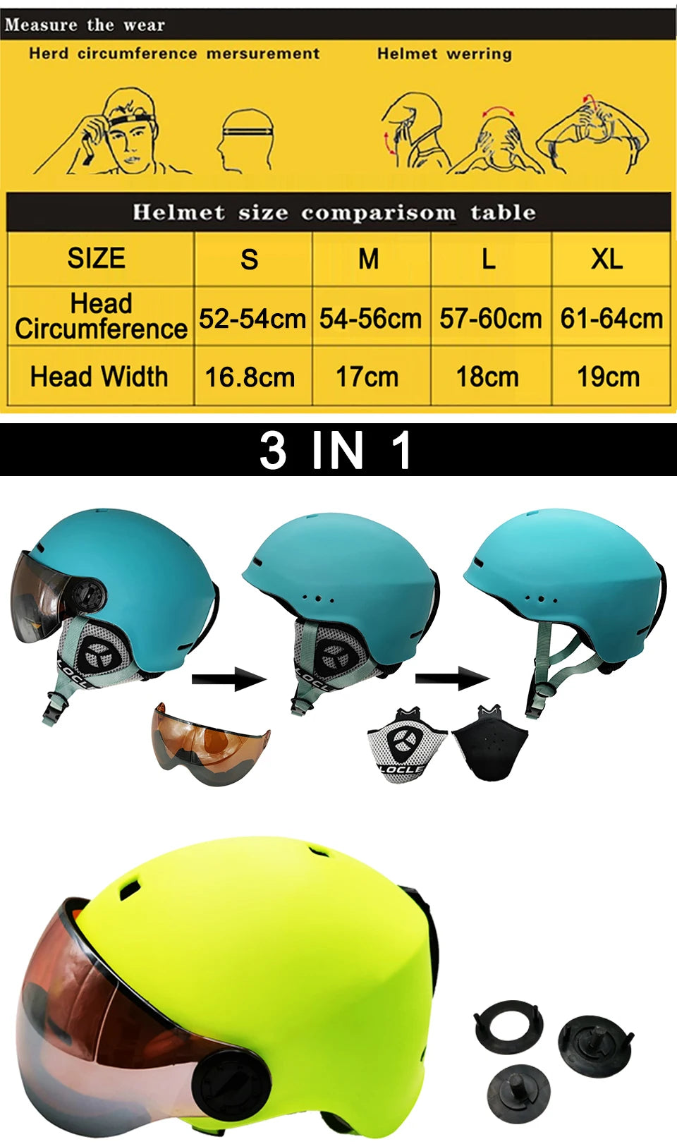 LOCLE Upgrade Skiing Helmet Men Women Children Ultralight Snowboard Skateboard Motorcycle Snowmobile Ski Helmet Visor Goggles