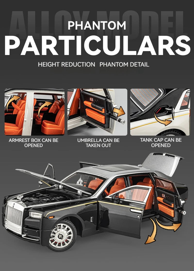 1:18 Rolls-Royce Phantom Model Car, Zinc Alloy Pull Back Toy Diecast Car with Sound and Light, Realistic Modeling Model Toy111