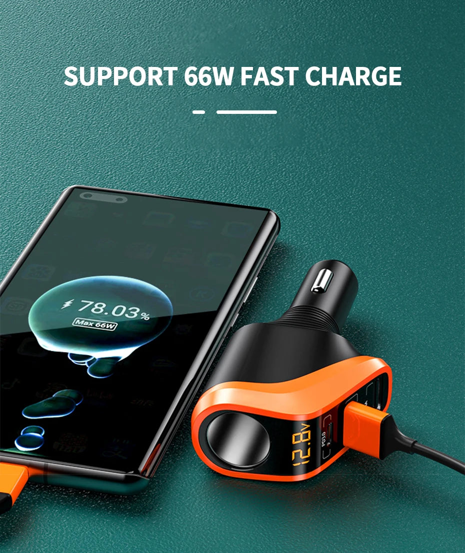 66W Quick Charge Car Cigarette Lighter Charger QC3.0/PD Port Phone Charger Socket DC 12V/24V Universal USB Type Power Adapter