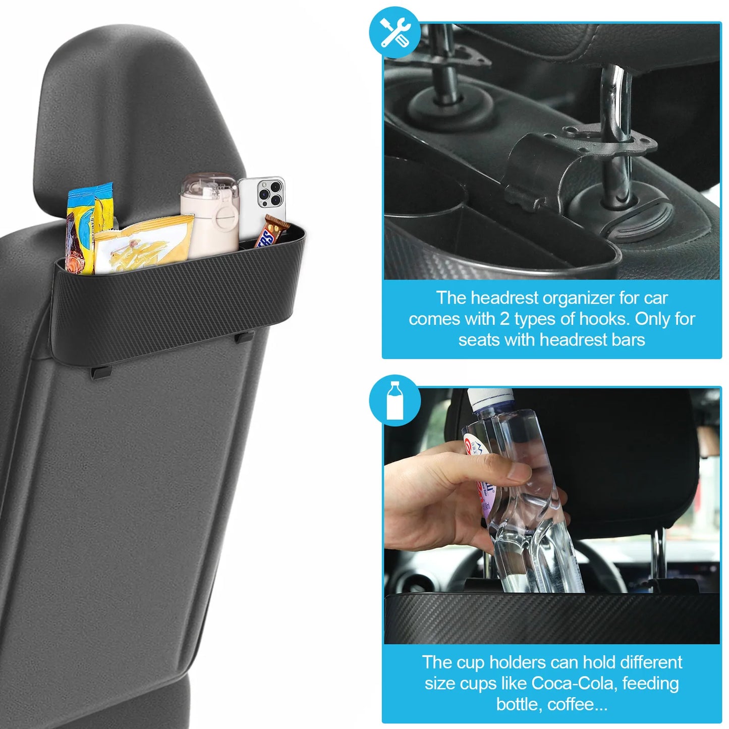 Universal 3 in 1 Car Headrest Backseat Organizer Cup Holder Seat Back Organizer with Headrest Hooks Hanging Storage Car Travel