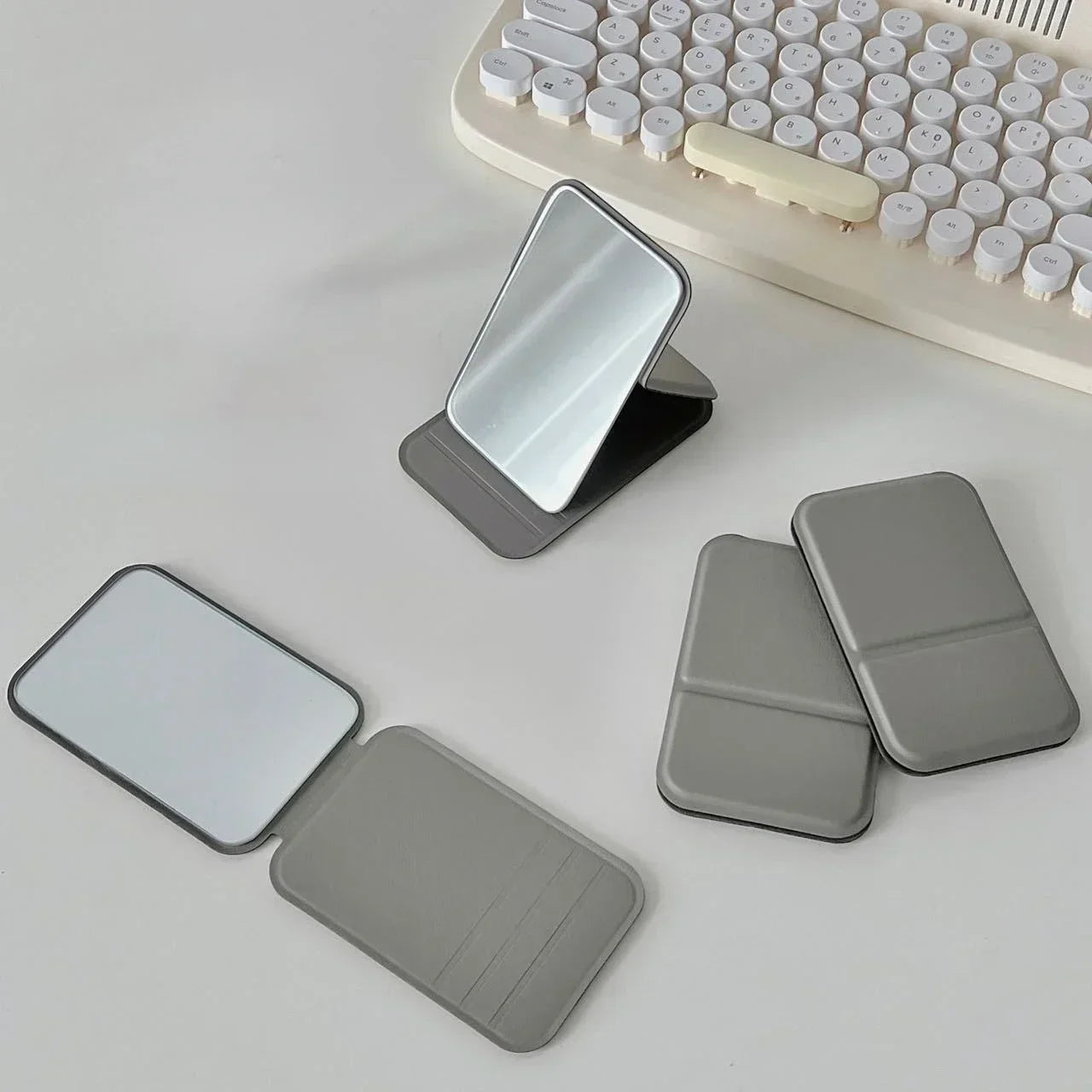 Desktop makeup mirror PU leather simple portable handheld makeup mirror foldable student compact cute pocket mirror