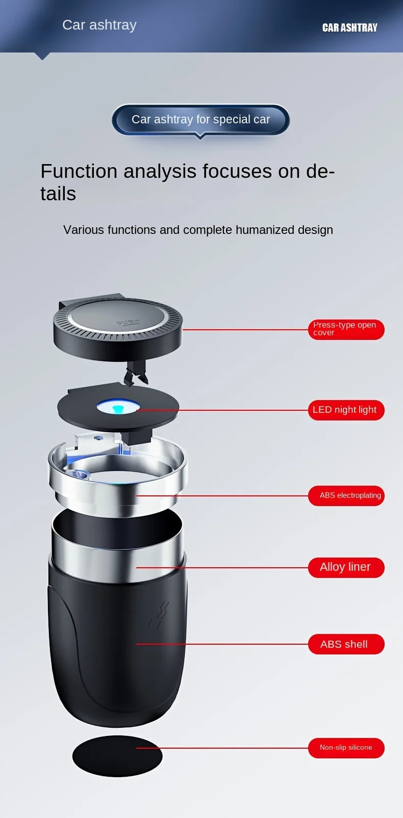 One Click Opening of Car Ashtray with Metal Lining and LED Light Push Type Splash Proof Light, Car Ashtray, Automotive Supplies