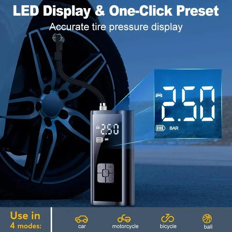 Tire pressure monitor with digital display and LED indicator, showing tire pressure measurement.