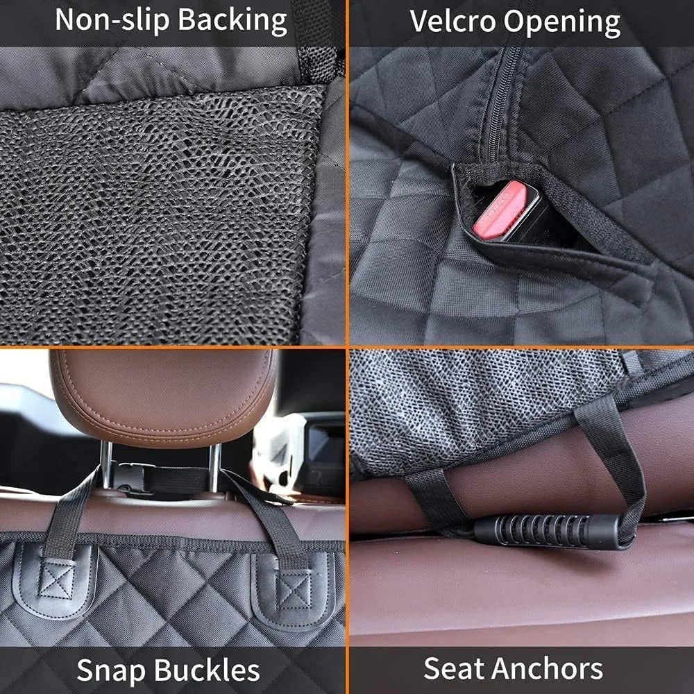 car seat cover features including non-slip backing, velcro opening, snap buckles, and seat anchors.