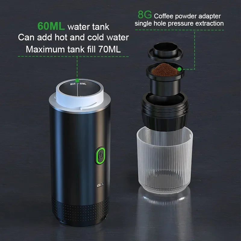 portable coffee maker for travel with water tank and coffee powder adapter