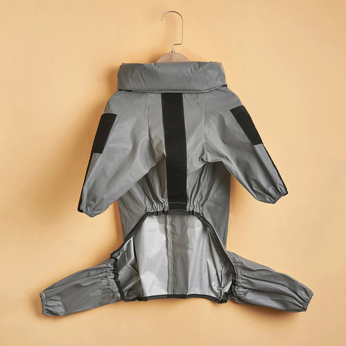 Gray dog raincoat with black accents