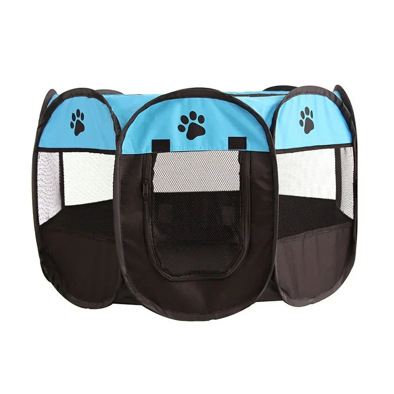 large foldable pet tent with blue top and black sides
