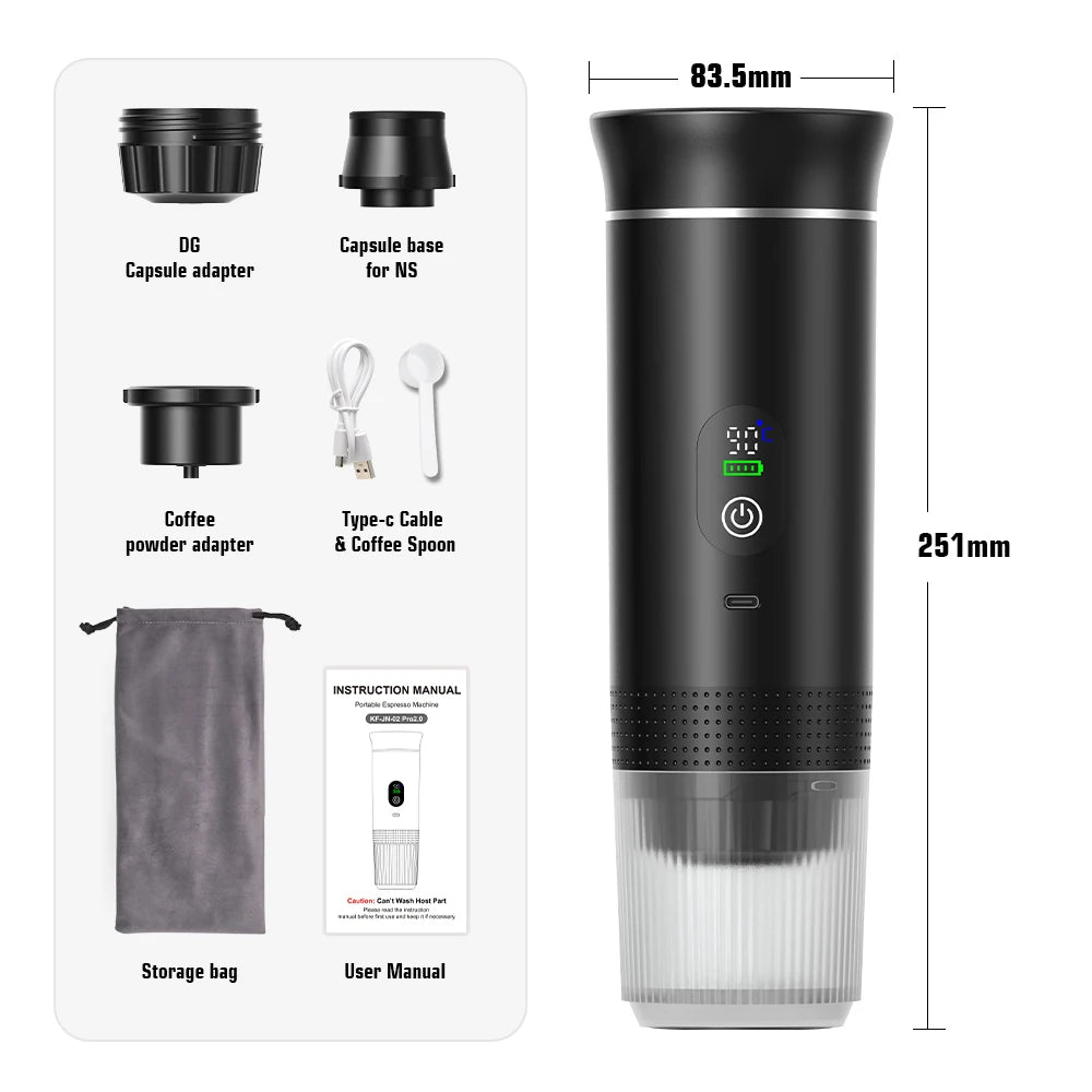 portable coffee maker nespresso with capsule, adaptor, spoon and user manual